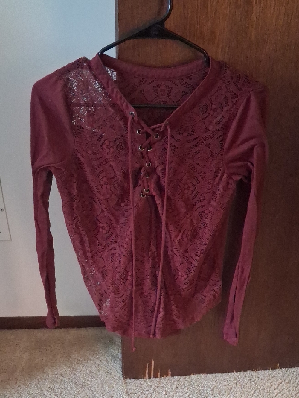 No Boundaries Lace-Up Lace Front Long Sleeve Top - Maroon